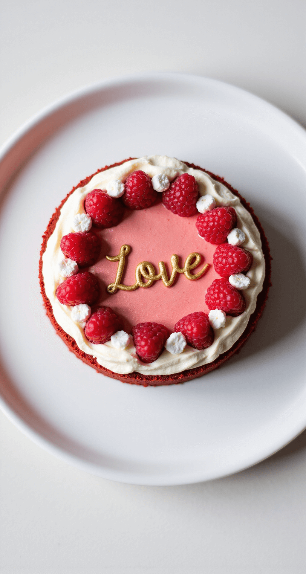 Overhead shot of a mini red velvet bento cake with cream cheese frosting, gold 'Love' lettering, raspberries, and pearl-white decorations on a white plate.