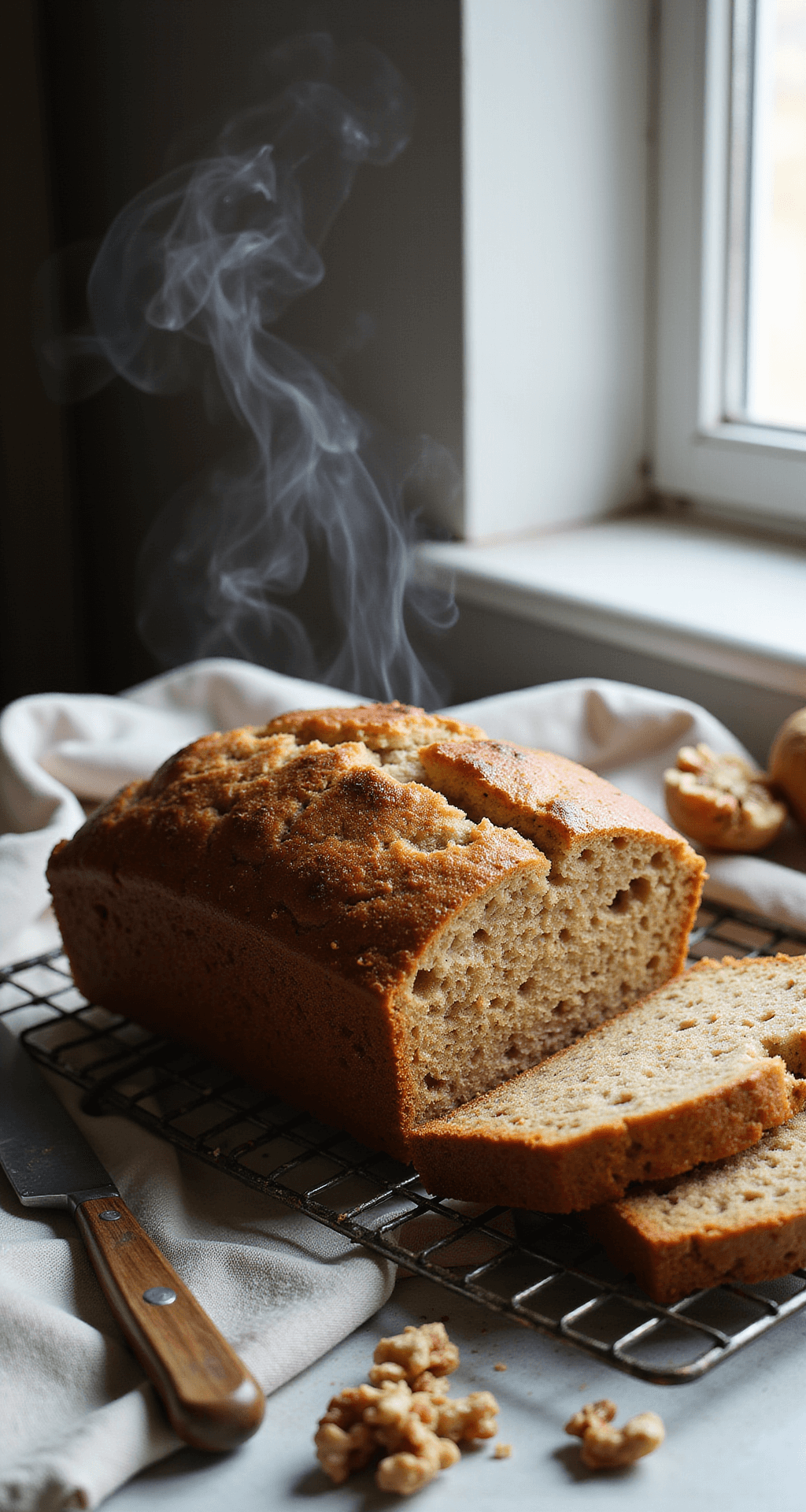 Freshly baked banana bread loaf on a wire cooling rack, with steam rising from its golden-brown crust. A slice has been cut, revealing the moist crumb. The scene is bathed in warm afternoon light, featuring a vintage bread knife, a linen napkin, and scattered walnuts nearby.