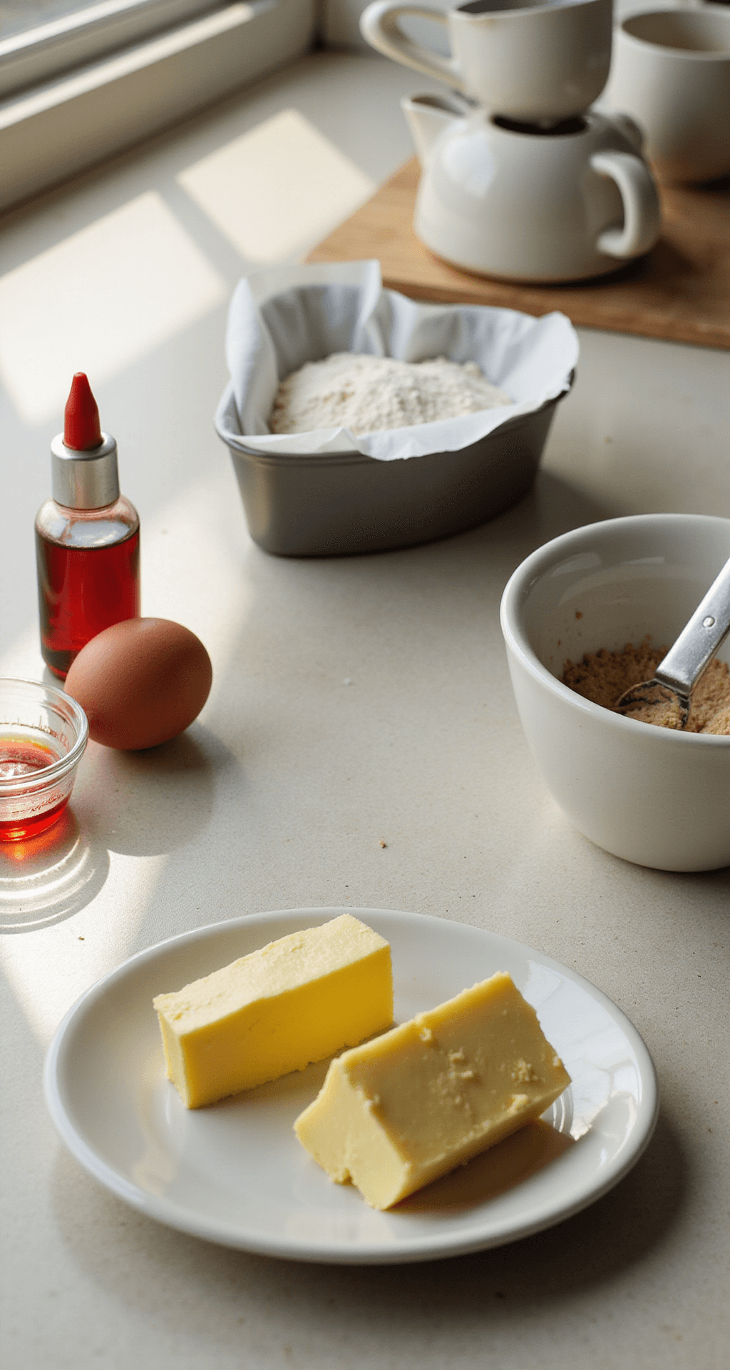 Sunlit kitchen countertop featuring baking ingredients: a heart-shaped cake pan lined with parchment paper, measuring cups of flour and sugar, softened butter, fresh eggs, and a red food coloring bottle, all arranged in a professional mise en place style.