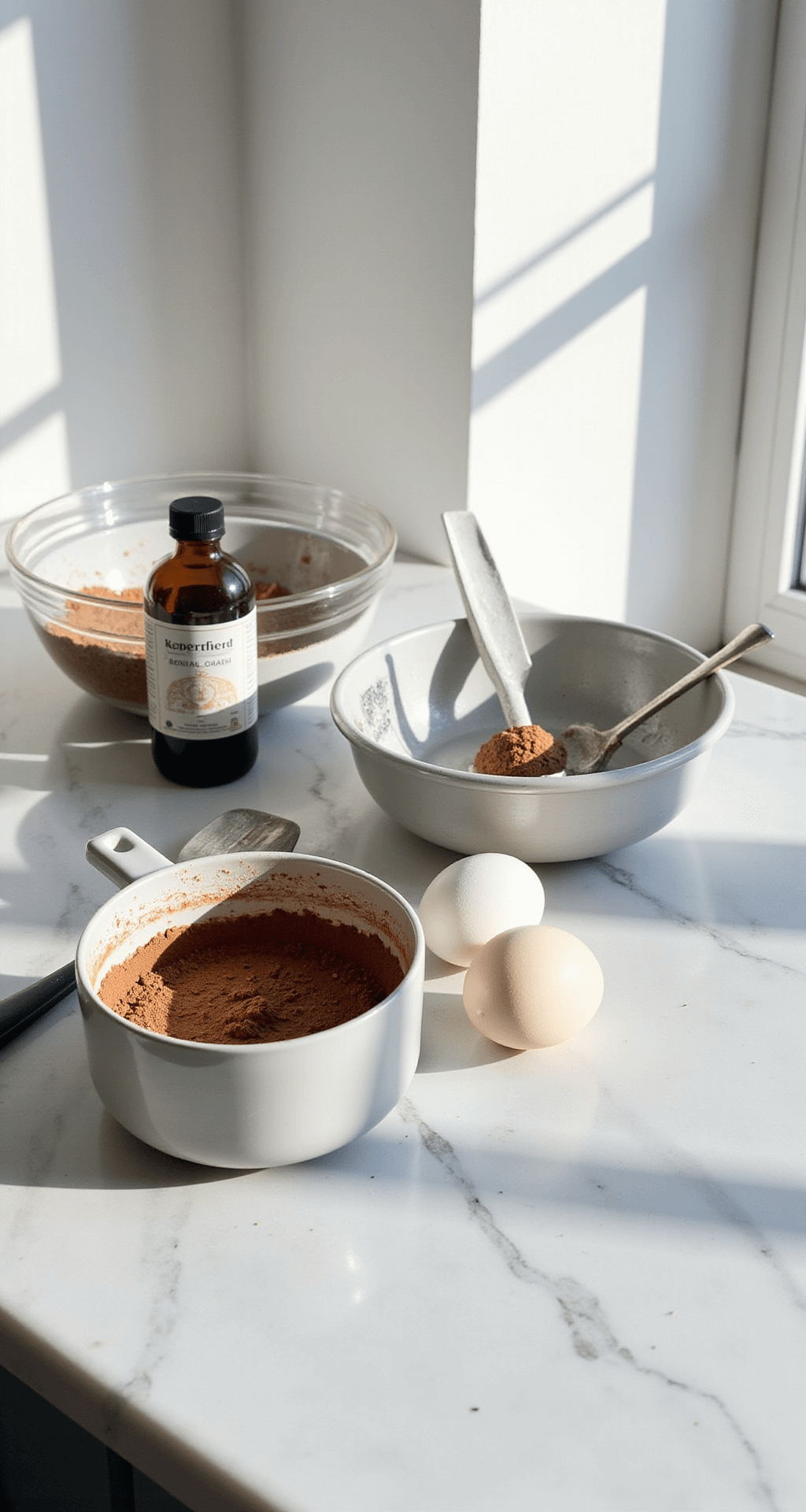 A sunlit kitchen countertop with neatly arranged baking ingredients and tools, including measuring cups with cocoa powder, fresh eggs, a vanilla extract bottle, and mixing bowls, all casting gentle shadows on a marble surface.