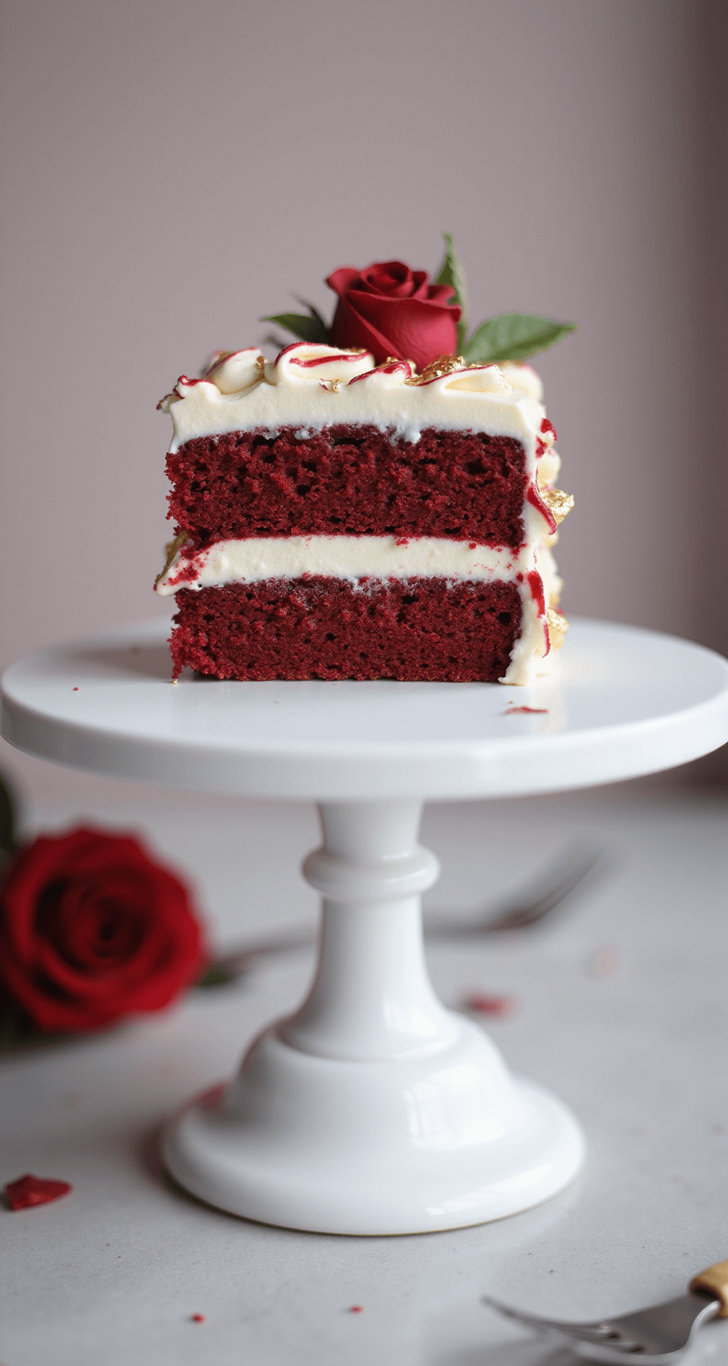 Close-up of a miniature red velvet bento cake on a white ceramic stand, featuring white buttercream frosting, red piping details, gold leaf accents, and a fresh rose garnish, against a soft bokeh background.