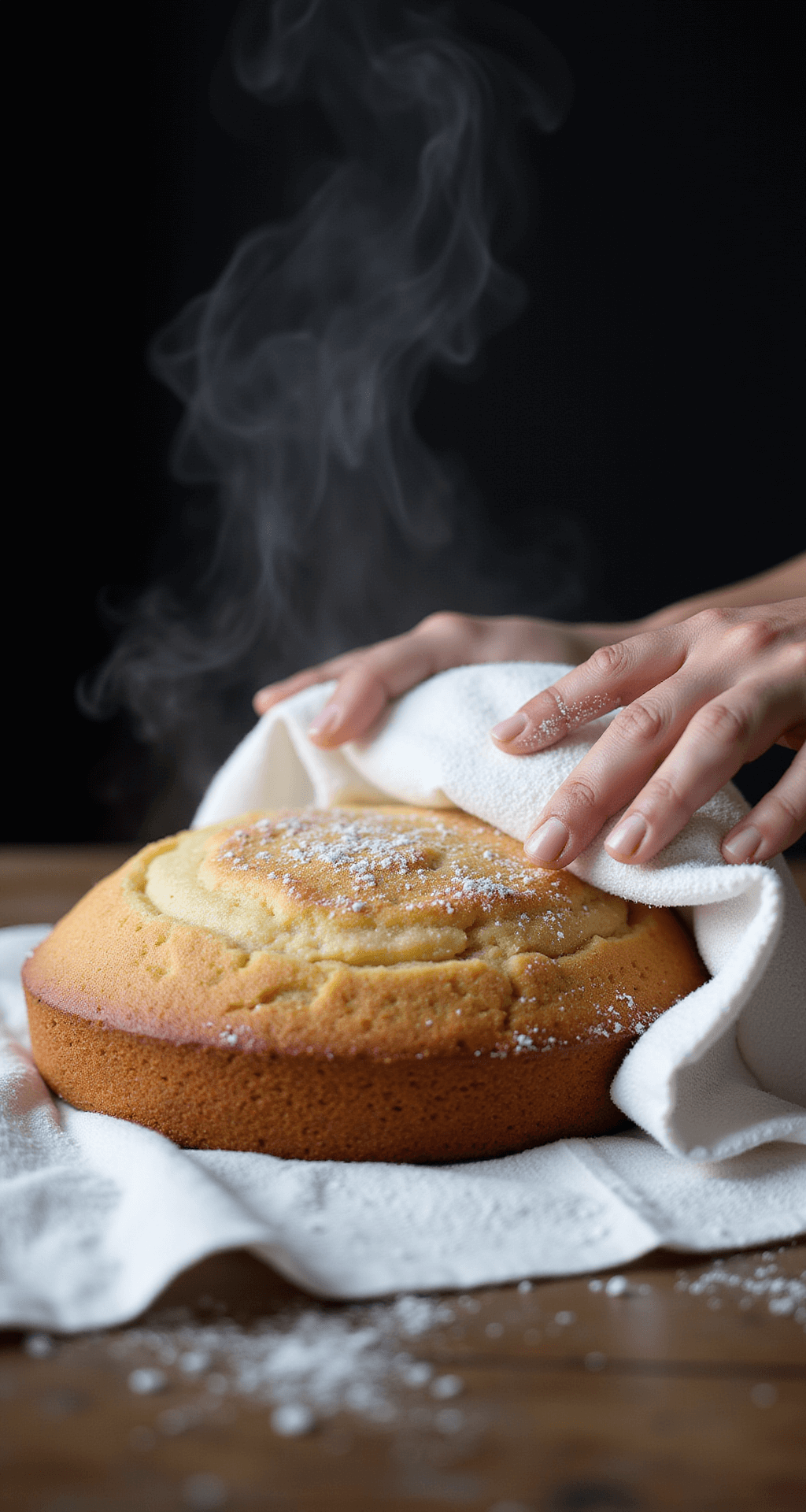 Close-up of hands rolling a golden-brown cake into a powdered sugar-dusted white kitchen towel, with steam rising against a dark background, showcasing the cake's delicate texture and subtle vanilla swirls.
