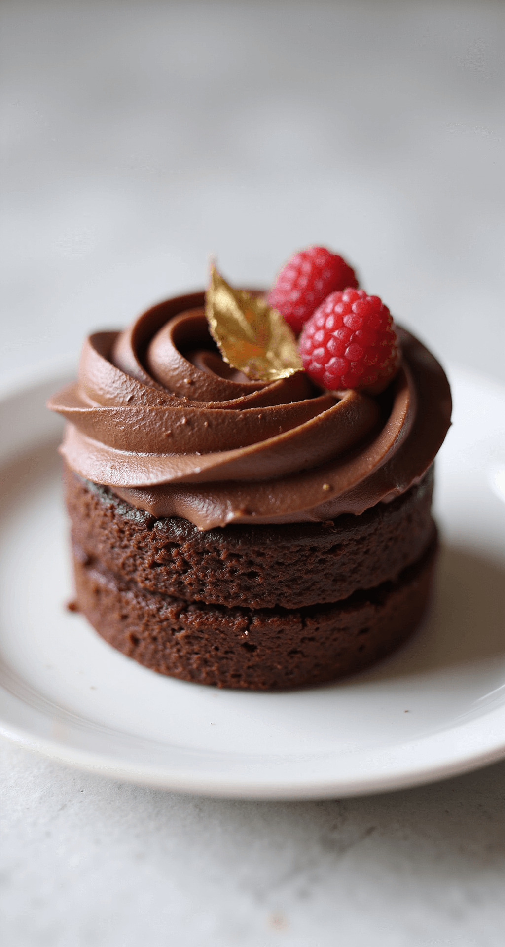 A close-up of a two-layer chocolate bento cake with chocolate buttercream swirls, gold leaf, and raspberries on a white plate.