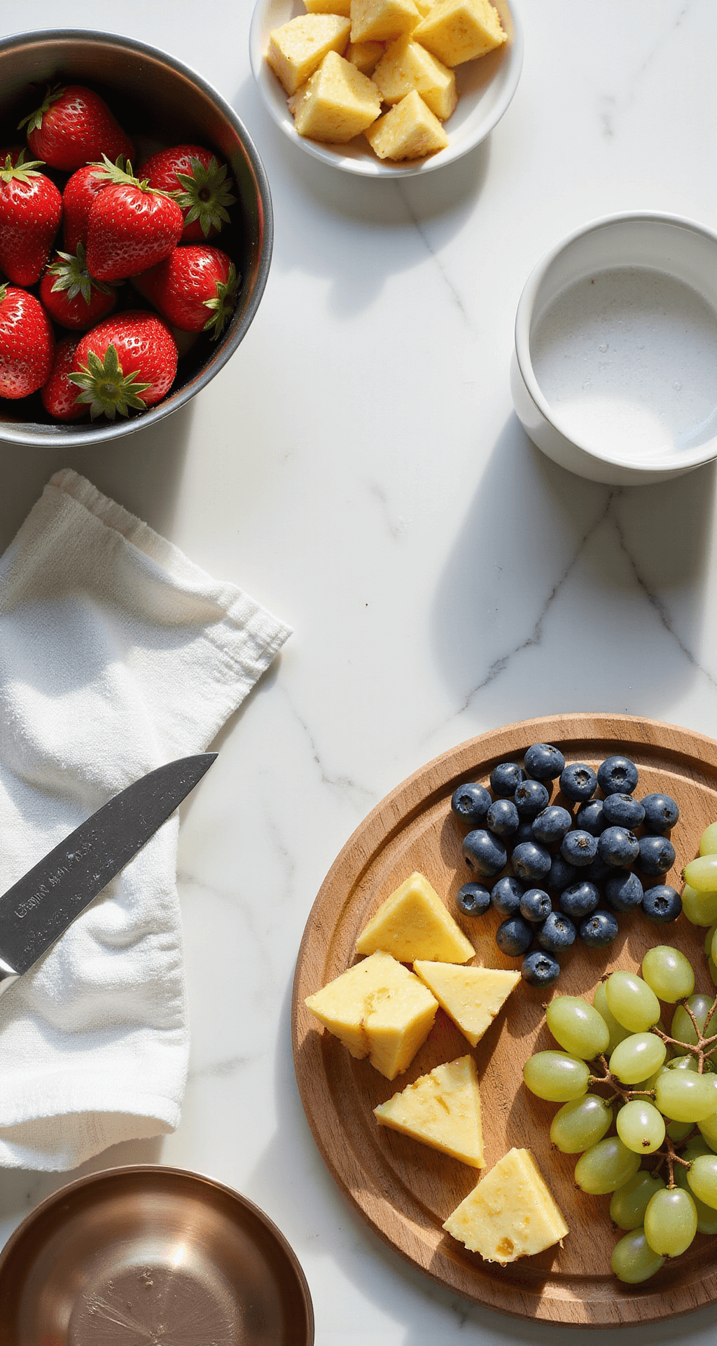 Cinematic overhead shot of a white marble countertop with vibrant fruits like strawberries, pineapple, blueberries, and grape halves, a chef's knife and cutting board nearby, and sparkling water droplets.