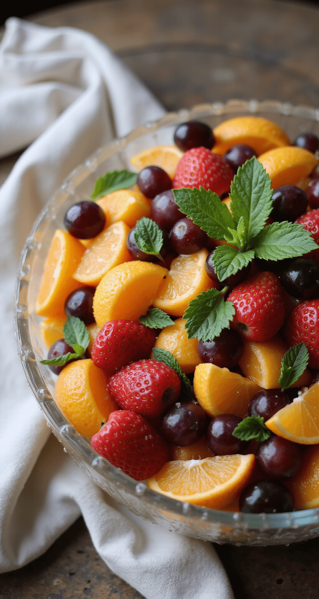 Close-up of a crystal serving bowl overflowing with colorful fruit salad, including orange mandarin segments, purple grapes, and red strawberries, drizzled with lime-honey dressing and garnished with fresh mint leaves, sitting on a rustic wooden table with a linen napkin.