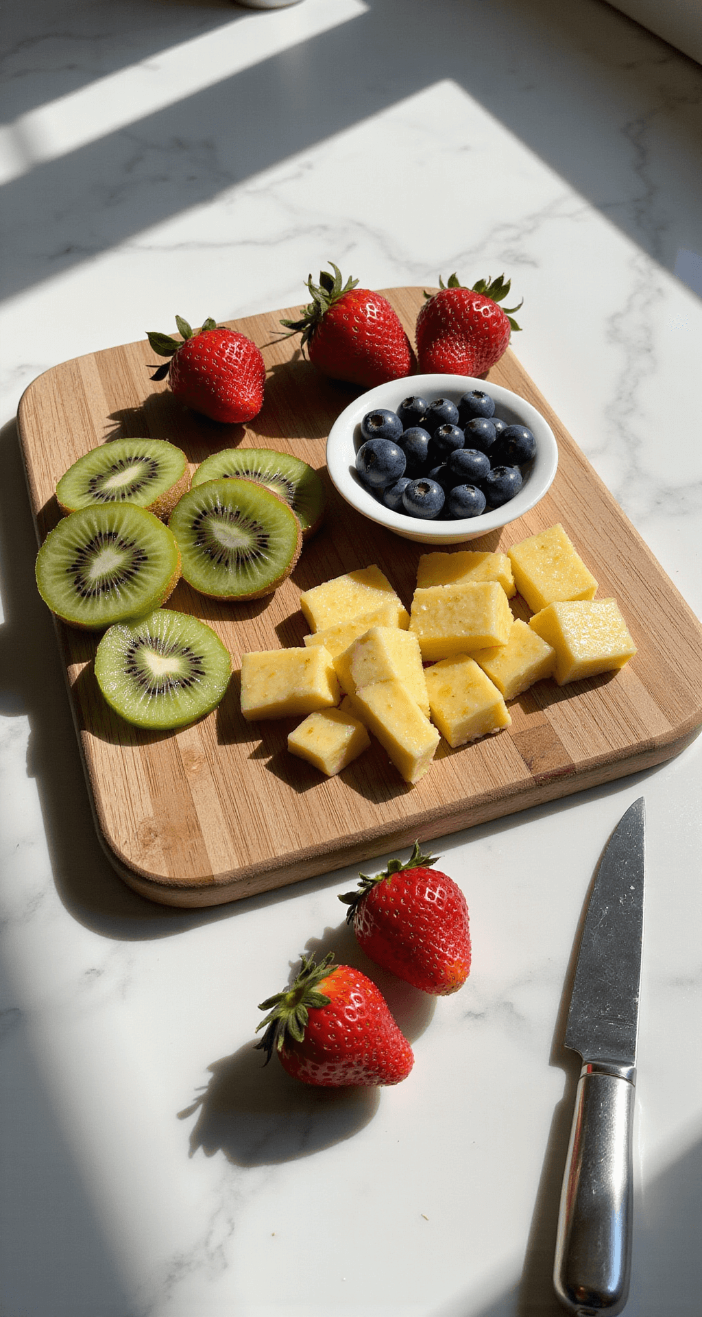 A sunlit kitchen countertop with fresh strawberries, blueberries, kiwis, and pineapple chunks on white marble, a sharp knife nearby, and natural light highlighting the fruits.
