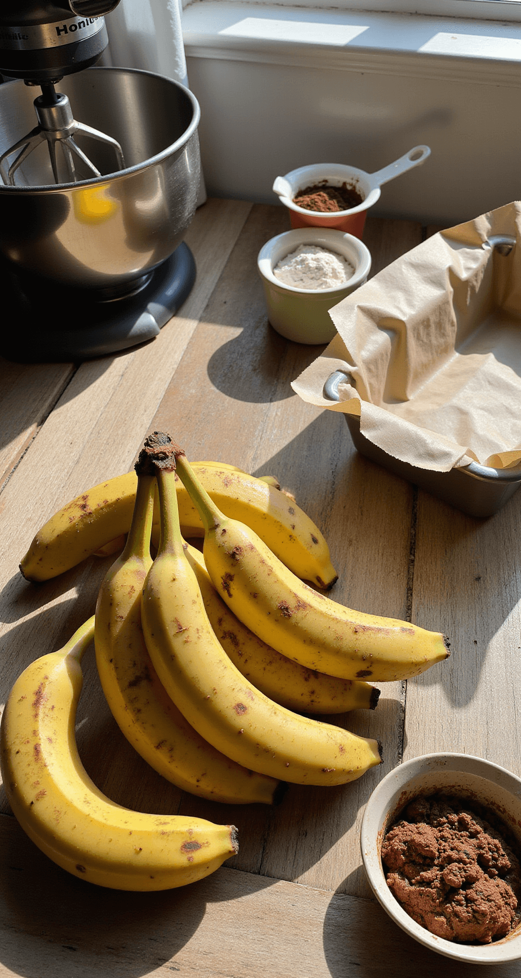 A sunlit kitchen counter with overripe bananas, measuring cups of cocoa powder and flour, a vintage stand mixer, and a loaf pan lined with parchment paper, bathed in natural morning light.