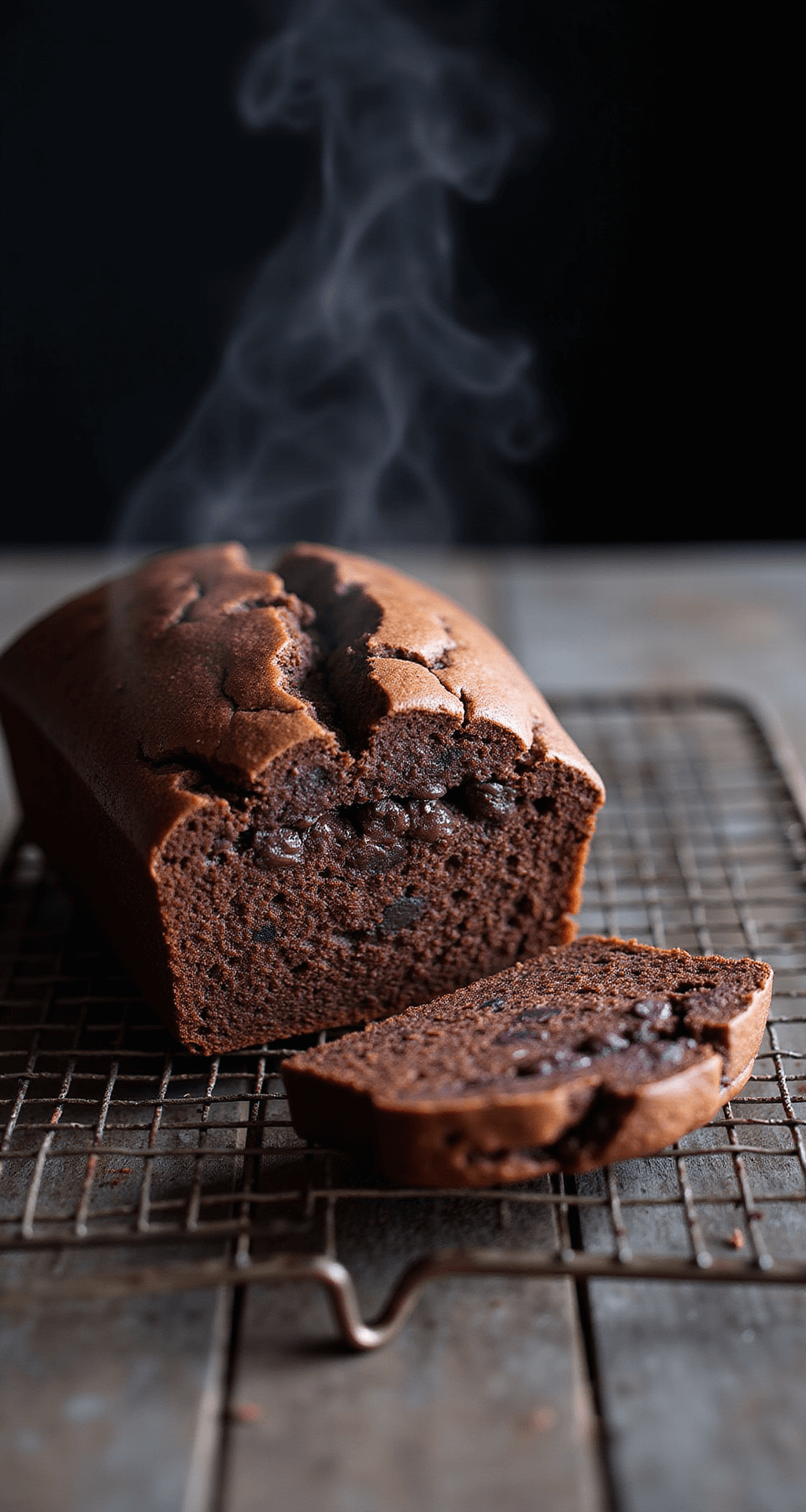 A freshly baked chocolate banana bread on an antique wire cooling rack, with steam rising from its crackled surface and melting chocolate chips, showcasing a rich brown color and glossy sheen; a slice reveals a moist interior marbled with chocolate, set against dark food photography lighting.