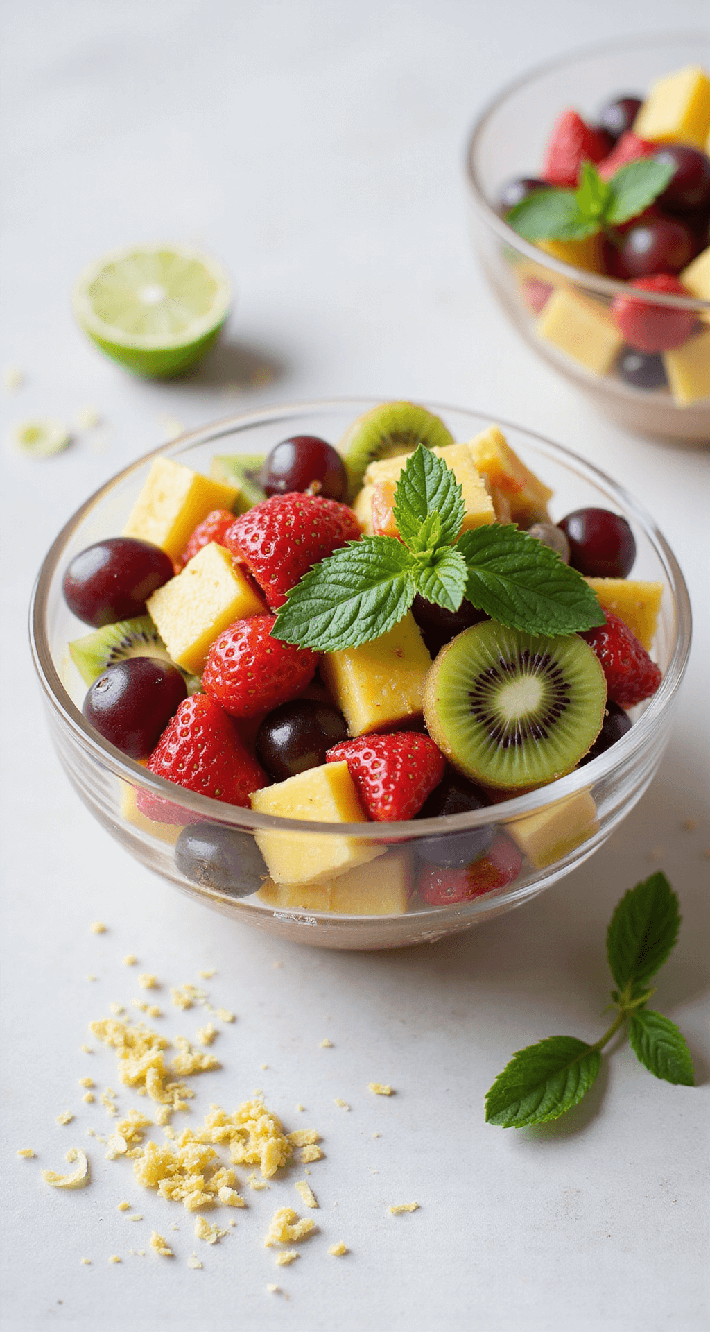 A clear glass bowl holding a colorful fruit salad with layers of strawberries, grapes, kiwis, and pineapple, topped with mint leaves and honey, with lime zest and a lime half beside it.