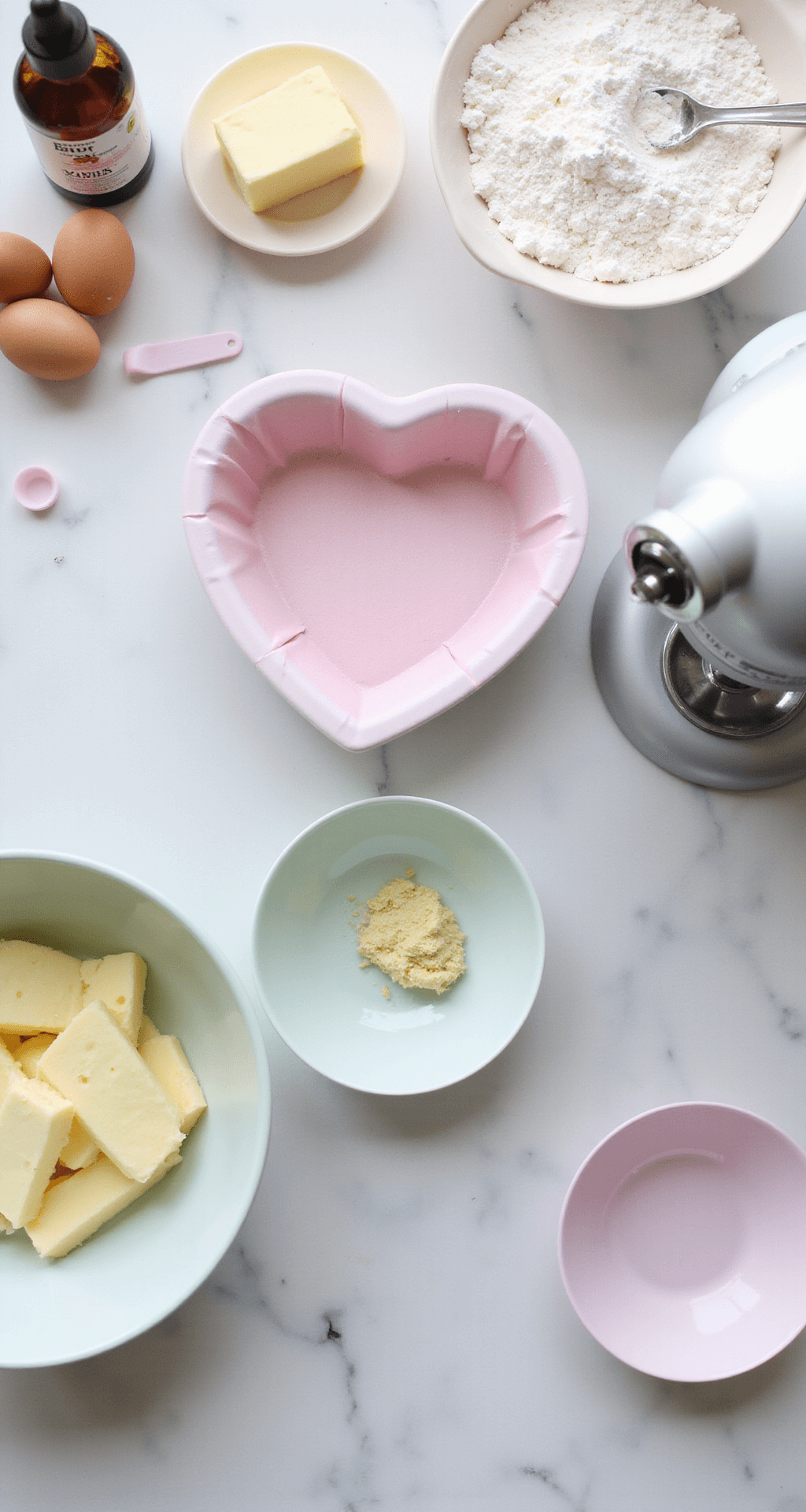 Overhead view of a marble countertop with baking ingredients, including softened butter, fresh eggs, flour, and sugar in elegant measuring cups, a heart-shaped pan lined with pink baking paper, pastel mixing bowls, a stand mixer, and a pink food coloring dropper, all illuminated by soft natural light.
