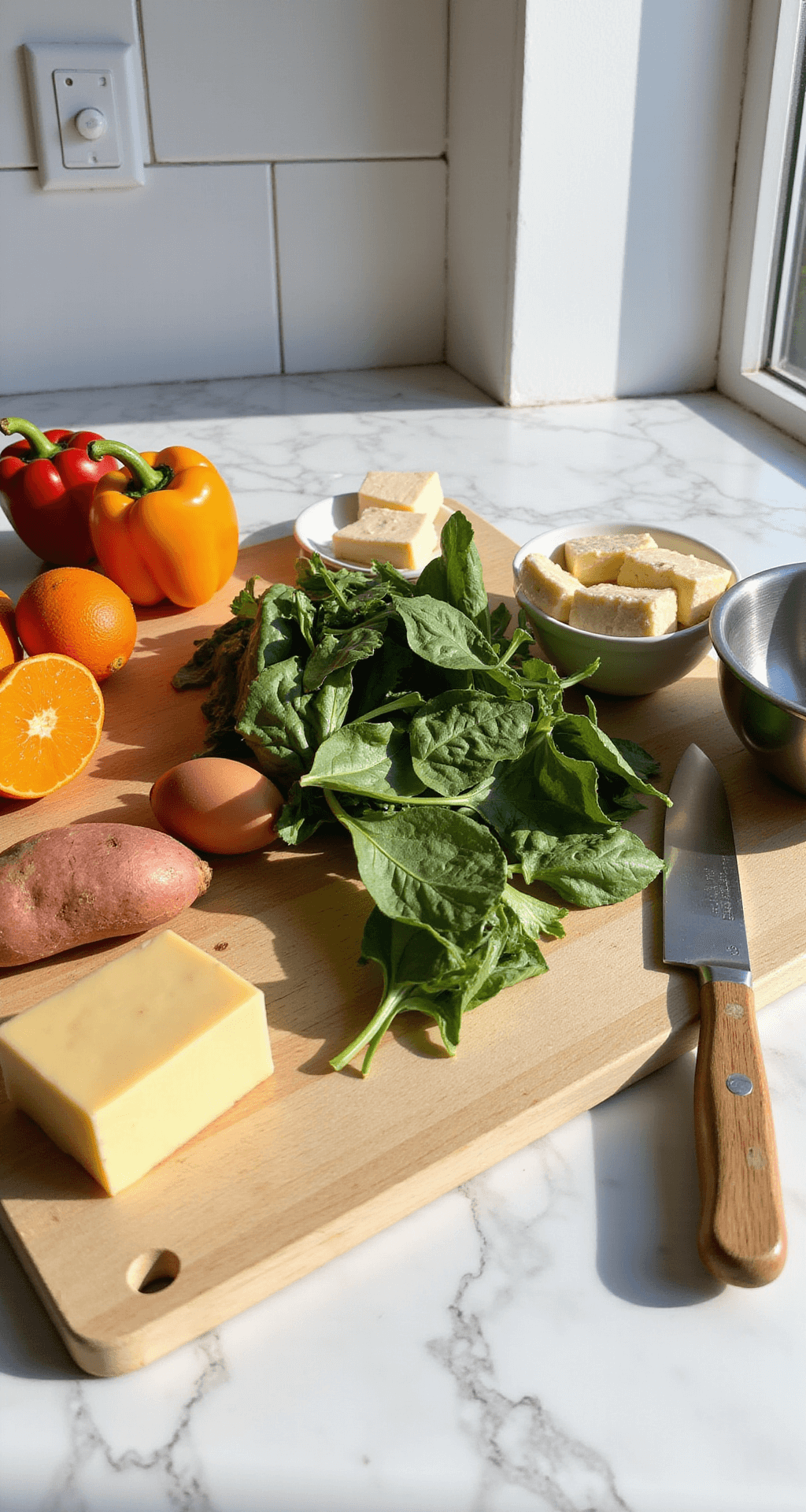 A sunlit kitchen counter with fresh ingredients including bell peppers, spinach, sweet potatoes, eggs, and cheese, alongside a cutting board, knife, and mixing bowls.