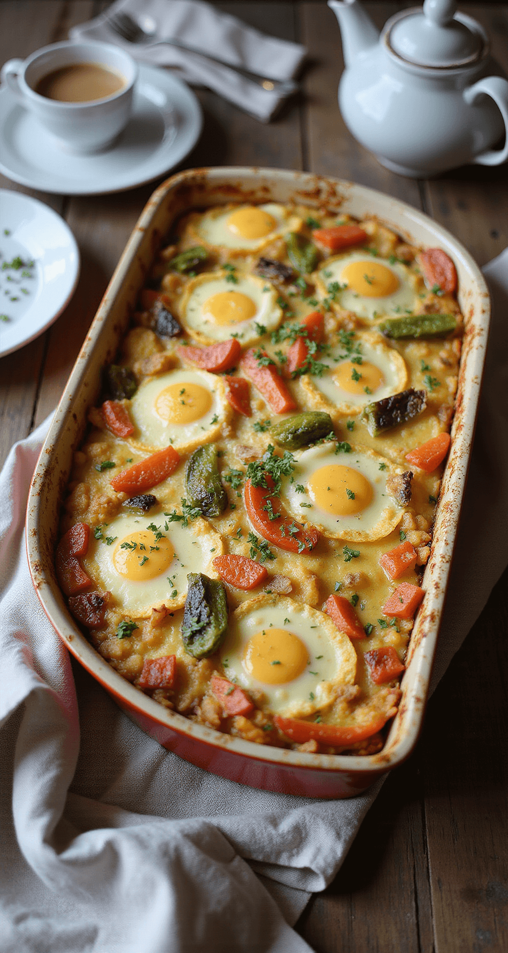 A freshly baked breakfast casserole in a ceramic dish, topped with melted cheese and roasted vegetables, garnished with herbs on a wooden table.