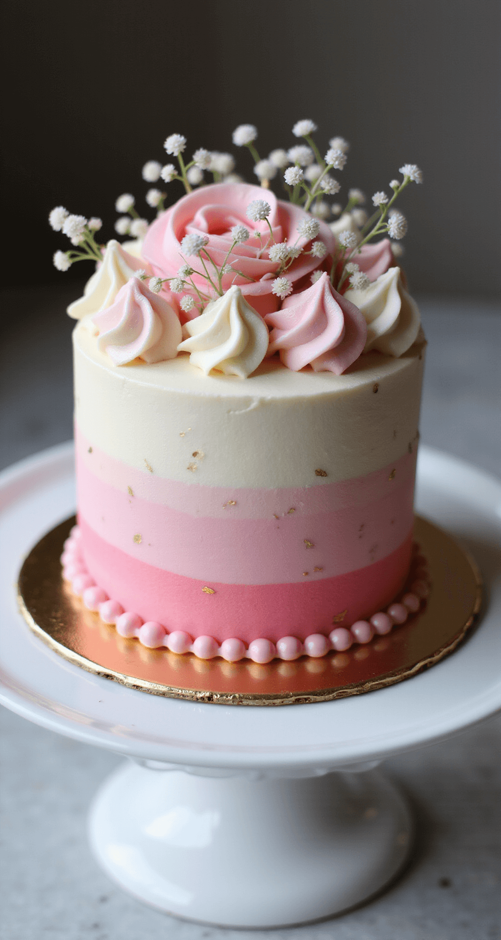 Close-up of a mini pink bento cake with ombre buttercream in shades of rose, decorated with edible gold leaf, sugar pearls, and fresh baby's breath on a vintage white ceramic stand, set in soft bokeh lighting.
