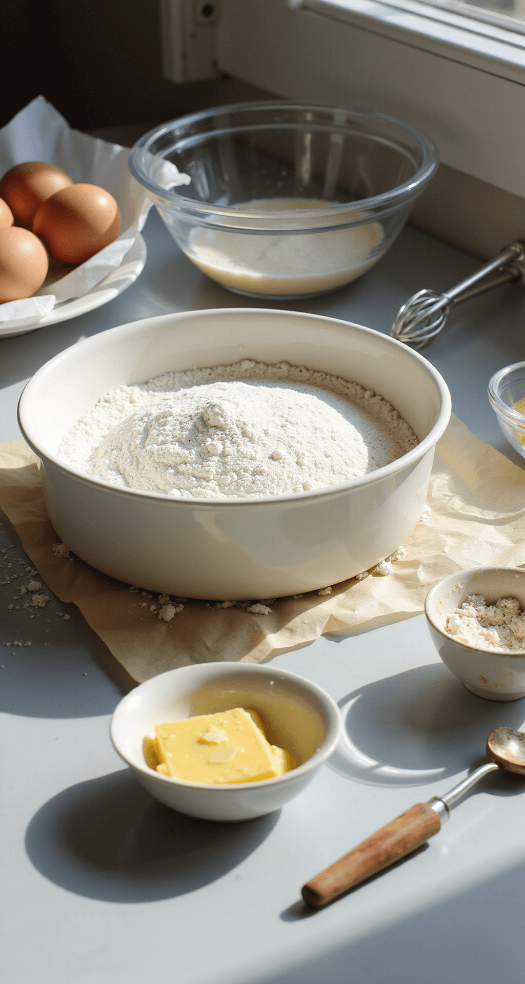 Sunlit kitchen counter with baking essentials: round pan, eggs, ingredients in glass bowls, hand mixer, flour, and melted butter, illustrating a professional pastry setup.