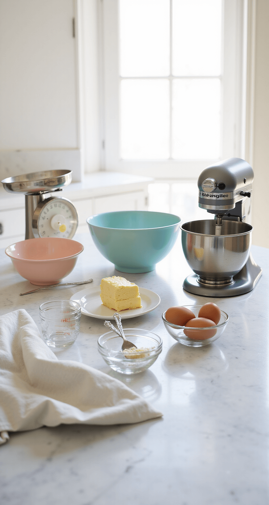 Bright professional kitchen with a marble countertop, featuring pastel mixing bowls, a silver electric mixer, and 10cm round cake pans. Organized room temperature ingredients in glass bowls, soft butter and eggs highlighted, with a vintage kitchen scale in the scene, all illuminated by natural light from a large window.