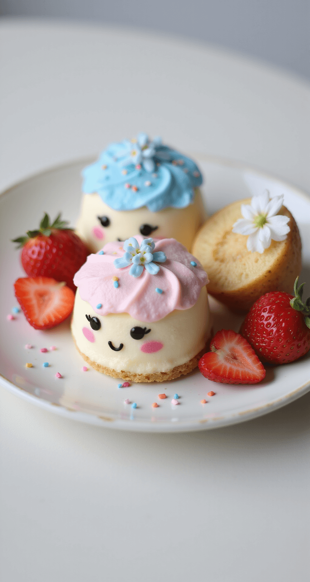 Close-up of two mini bento cakes on a white ceramic plate, decorated with pastel pink and blue buttercream character faces, rosy cheeks, and kawaii expressions, garnished with colorful sprinkles, fresh strawberry slices, and edible flowers, all under soft, diffused lighting.