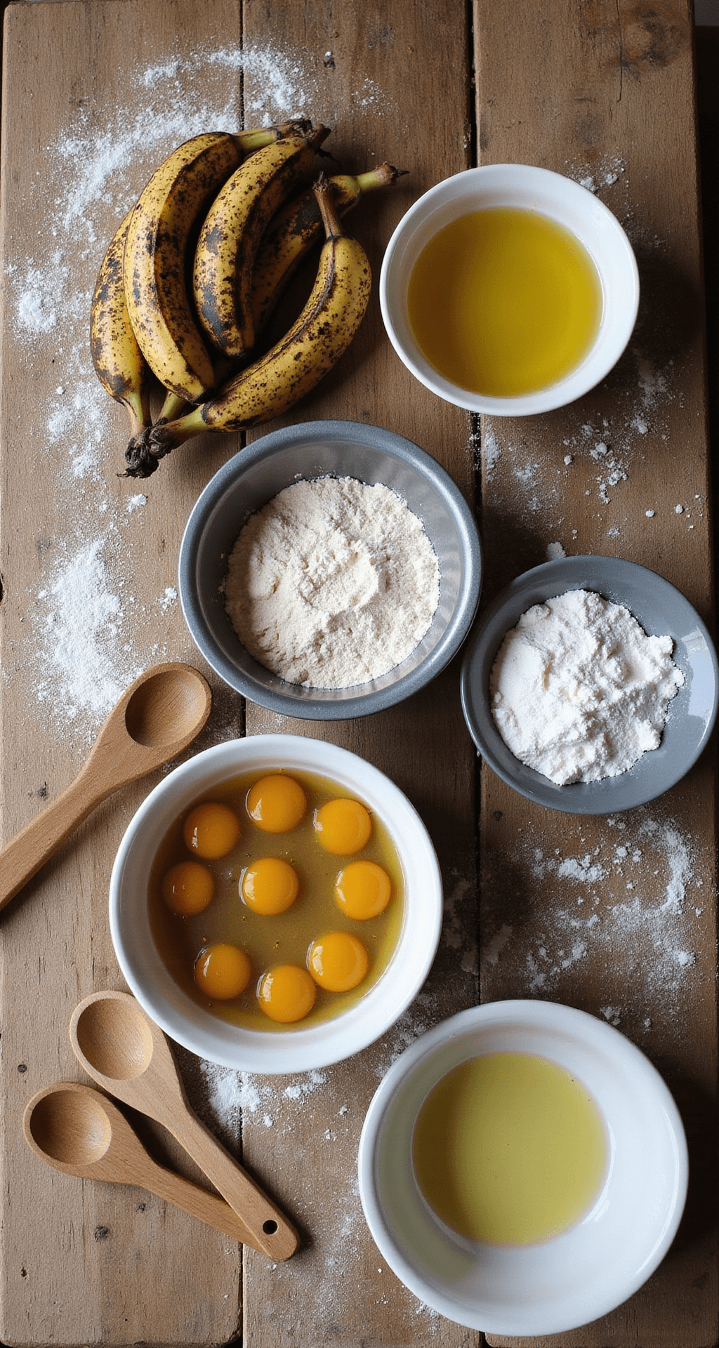 Overhead view of a rustic wooden countertop with spotty ripe bananas, fresh eggs, golden vegetable oil, and dry ingredients in ceramic bowls, illuminated by natural light, featuring a loaf pan and wooden mixing spoons on a flour-dusted surface.