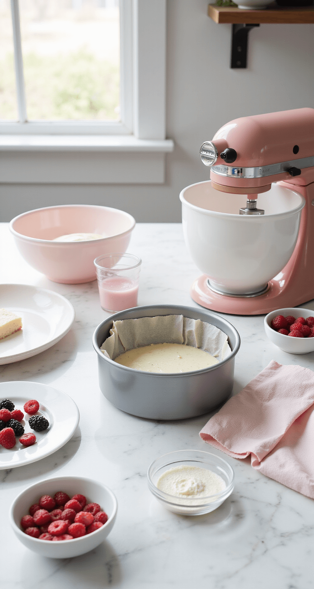 High-angle view of a marble countertop with pastel baking tools, a rose-gold hand mixer, neatly measured ingredients in glass bowls, a parchment-lined cake pan, pink food coloring, and fresh berries, all illuminated by soft natural light.