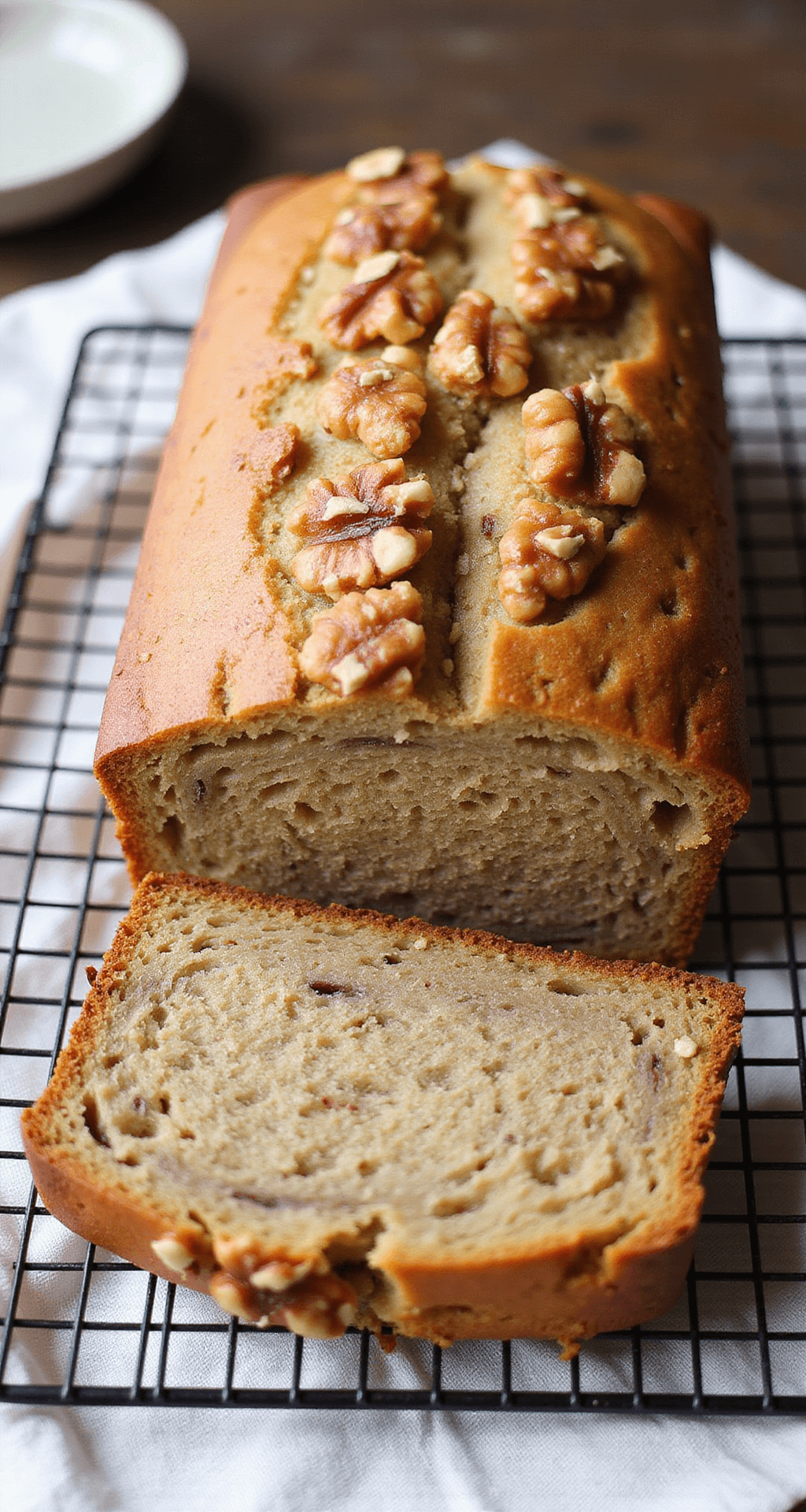 Close-up of golden-brown banana nut bread on a cooling rack, with steam rising. The bread has a split top, is studded with walnuts, and shows a moist crumb in a sliced piece. A vintage napkin and ceramic plate are nearby.