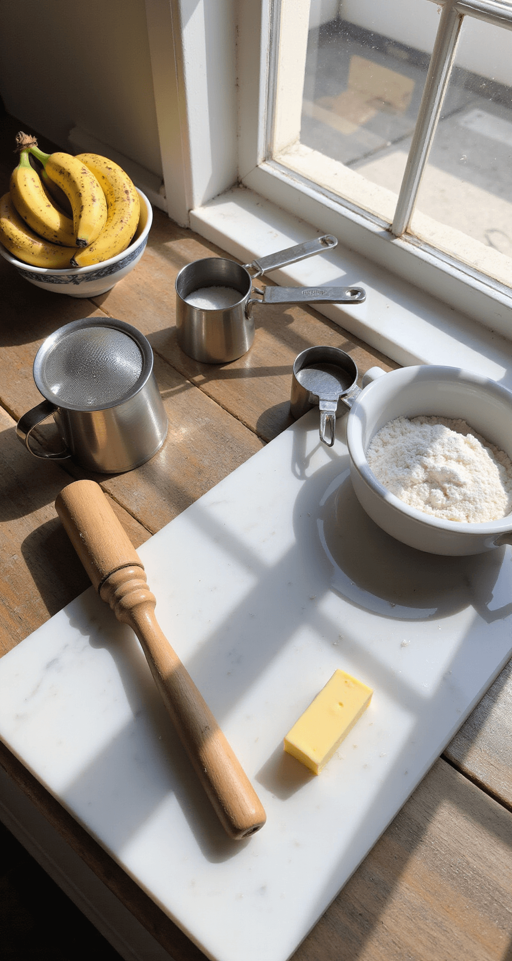 A sunlit kitchen countertop featuring baking ingredients like overripe bananas, a flour sifter, vintage mixing bowls, and measuring cups, with a marble pastry board and a wooden masher, all illuminated by natural light.