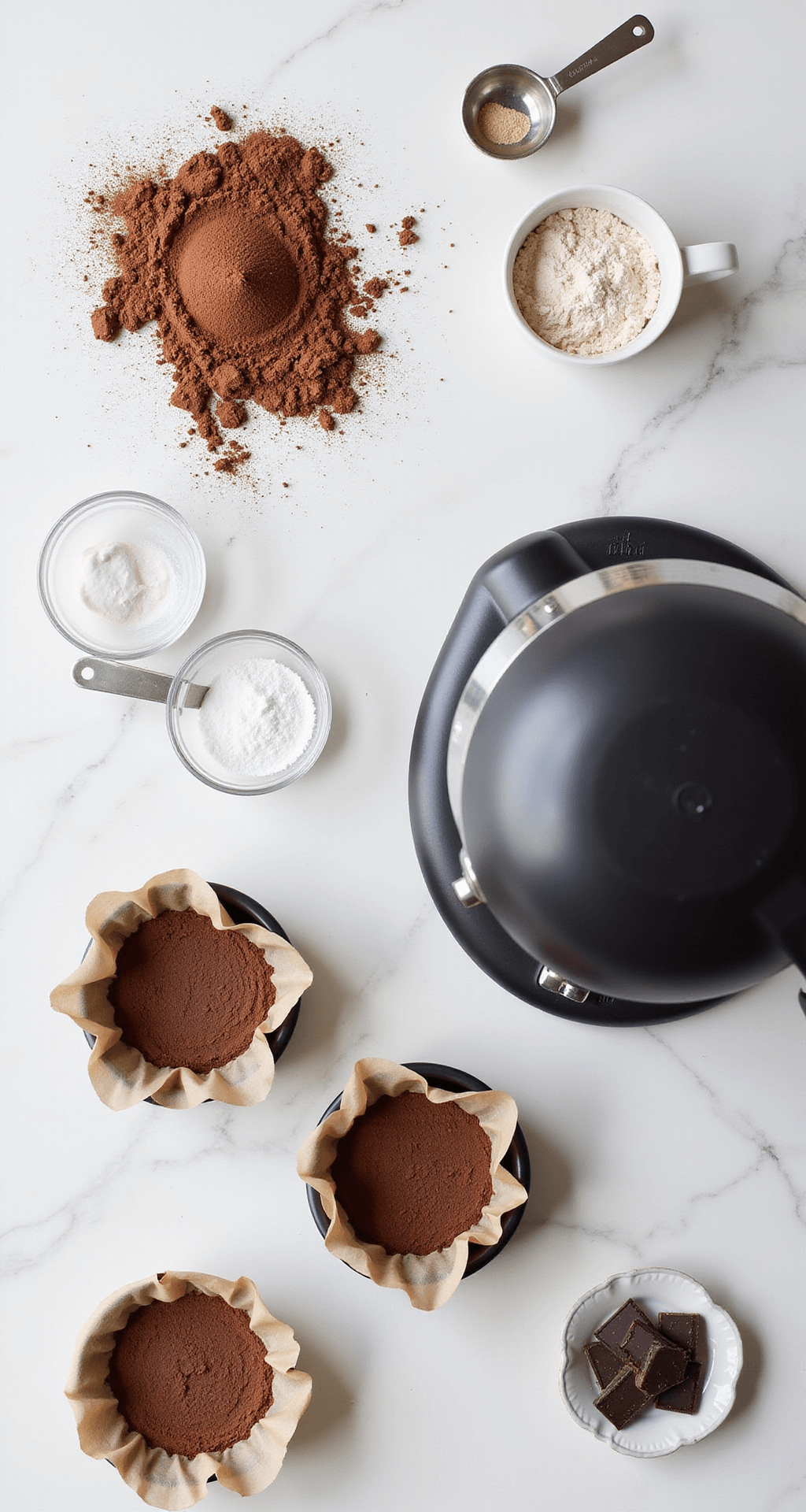 Overhead shot of a marble countertop featuring baking ingredients: cocoa powder, fresh eggs, measuring cups of flour in sunlight, geometrically stacked dark chocolate squares, a matte black KitchenAid mixer, and neatly lined cake pans.