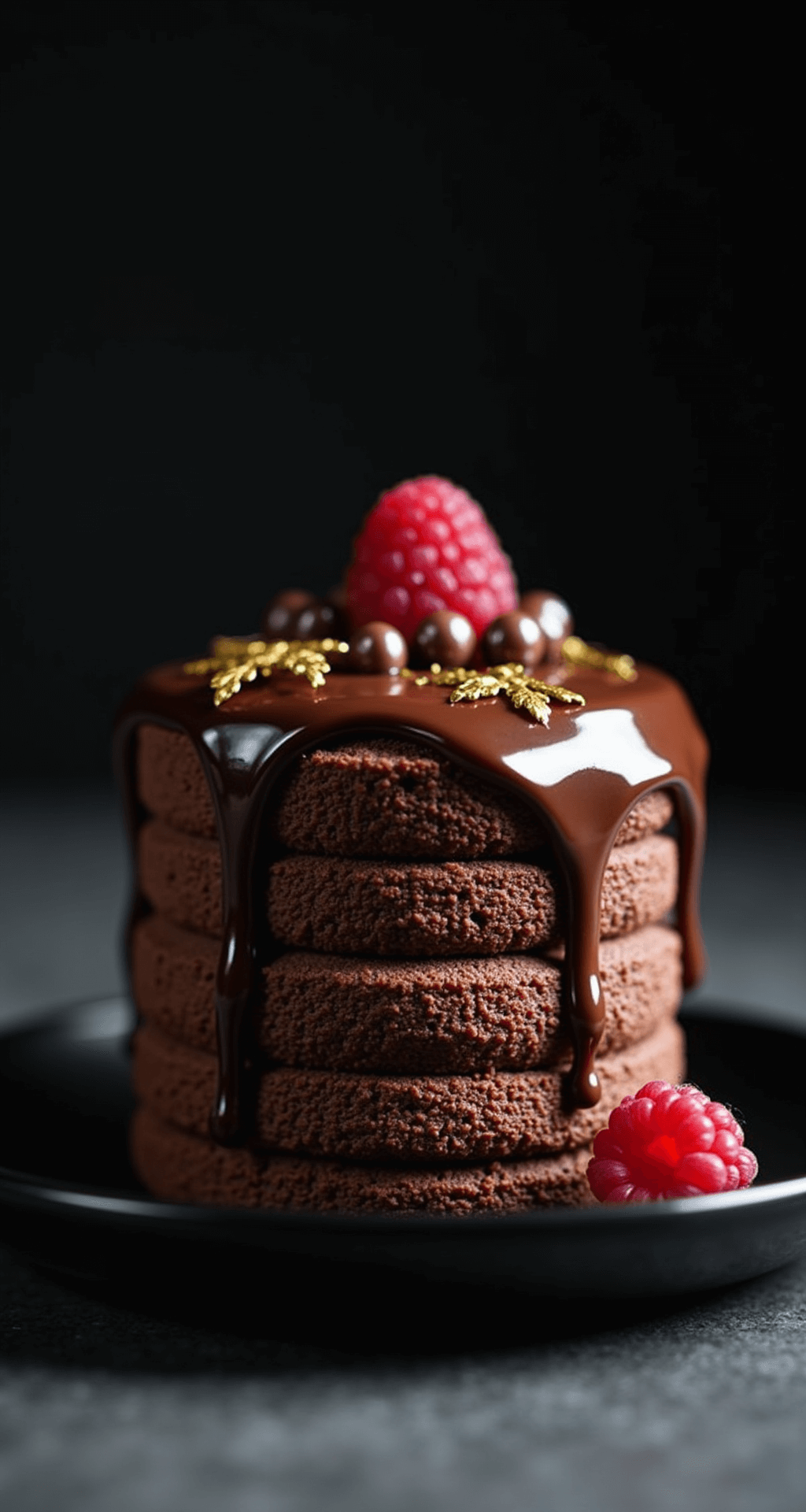 Close-up of an elegant 4-inch miniature chocolate bento cake with glossy ganache, adorned with chocolate pearls and edible gold leaf, on a black ceramic plate with a fresh raspberry for contrast against a dark moody background.
