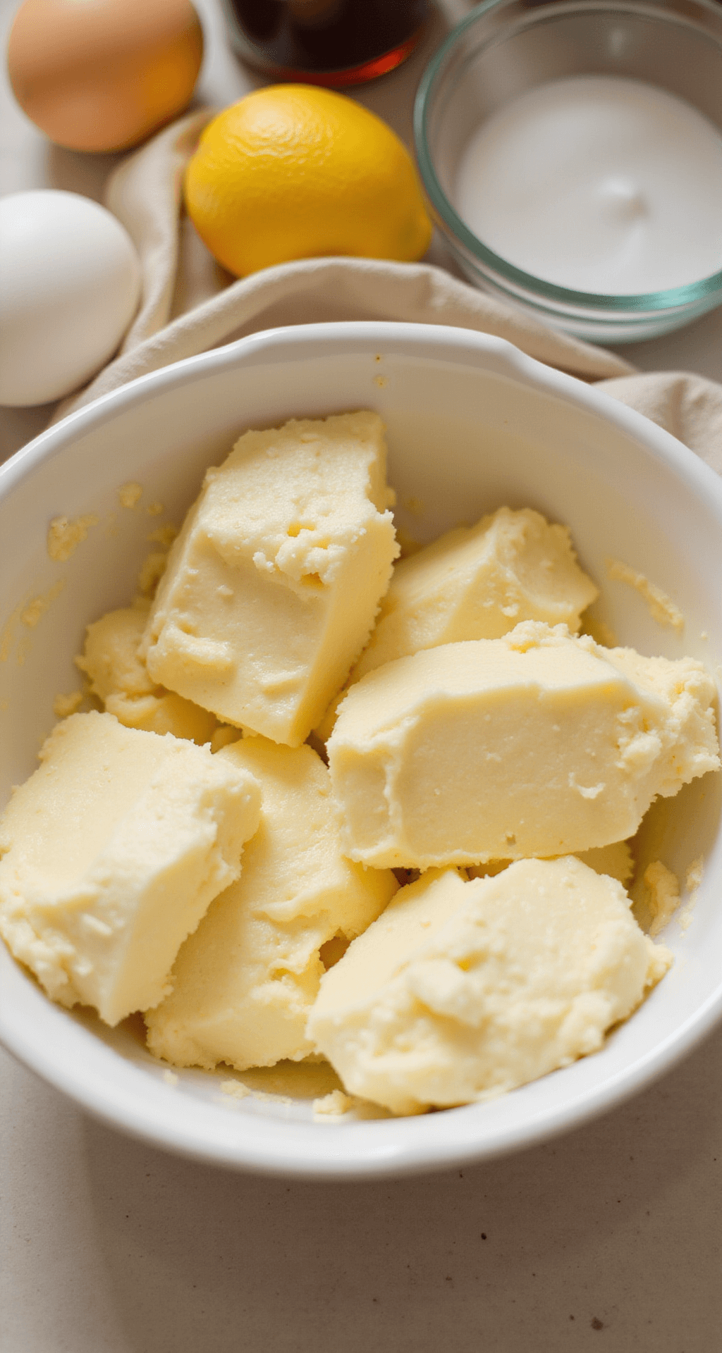 Close-up of creamy butter and sugar being mixed in a ceramic bowl, with three mashed bananas blending in, surrounded by fresh eggs and vanilla extract, all illuminated by warm kitchen lighting.