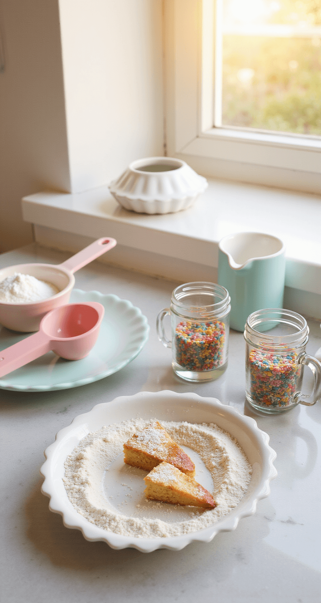 A sunlit modern kitchen counter featuring neatly arranged miniature baking ingredients, including tiny measuring cups of flour and sugar, a small mixing bowl, a Bento box, a mini cake pan, colorful sprinkles in glass containers, and pastel-colored measuring spoons and a whisk.