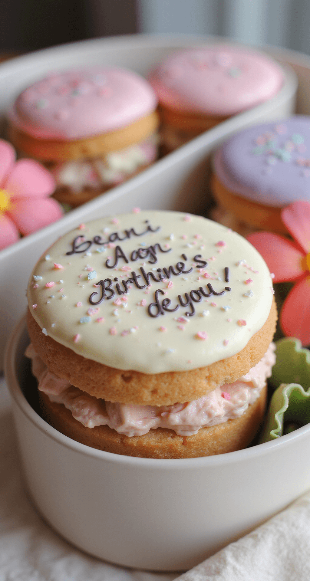 Close-up of a decorated miniature Bento cake with pastel piping, edible glitter, and a humorous message, presented in an aesthetic Bento box against a softly blurred background.
