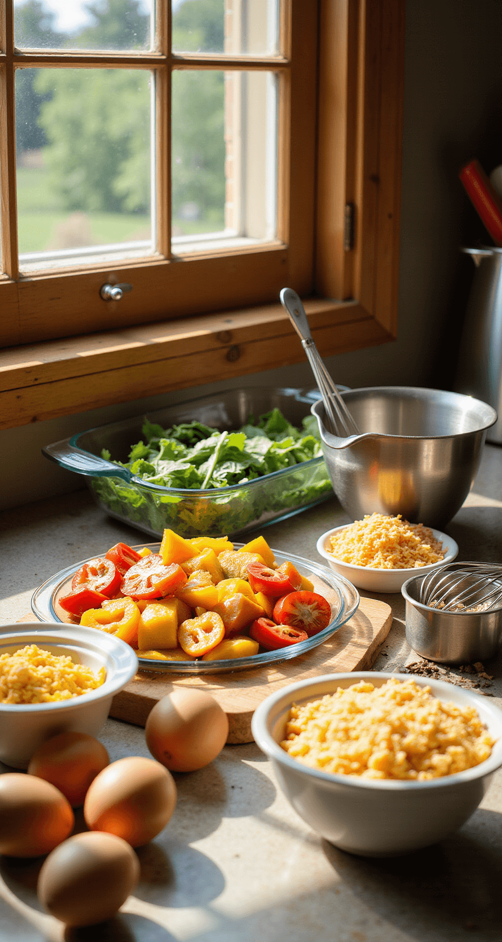 Overhead view of a sunlit kitchen counter featuring fresh ingredients for a breakfast casserole, including farm-fresh eggs, colorful bell peppers, green spinach, and grated cheddar cheese, with a glass baking dish and stainless steel mixing bowls illuminated by warm morning light.