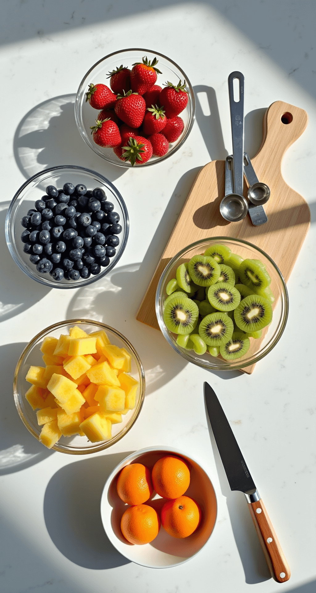 Overhead shot of a white marble countertop with vibrant fresh fruits in glass prep bowls, accompanied by a wooden cutting board, paring knife, and measuring cups, all illuminated by natural sunlight.
