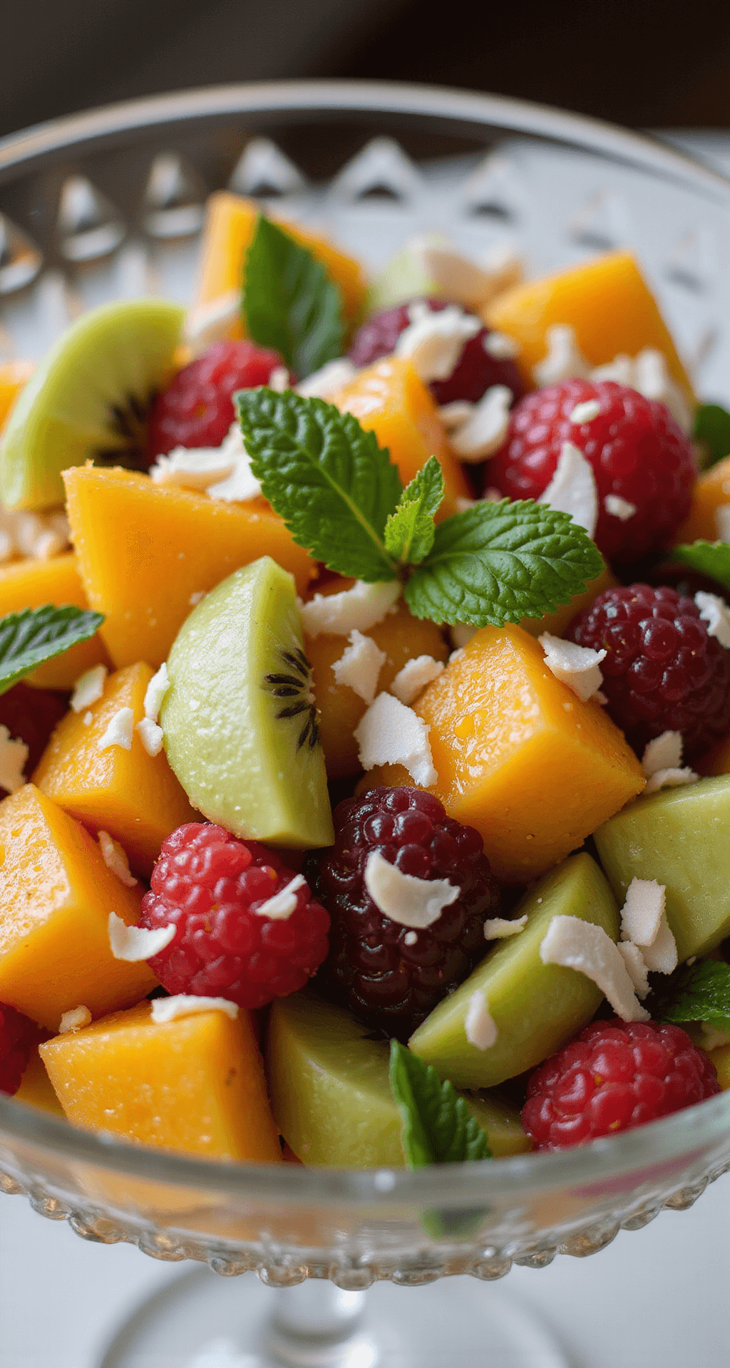 Close-up of a crystal bowl filled with colorful fruit salad, glistening with citrus dressing, scattered mint leaves, and coconut shavings, under soft lighting with a light bokeh background.