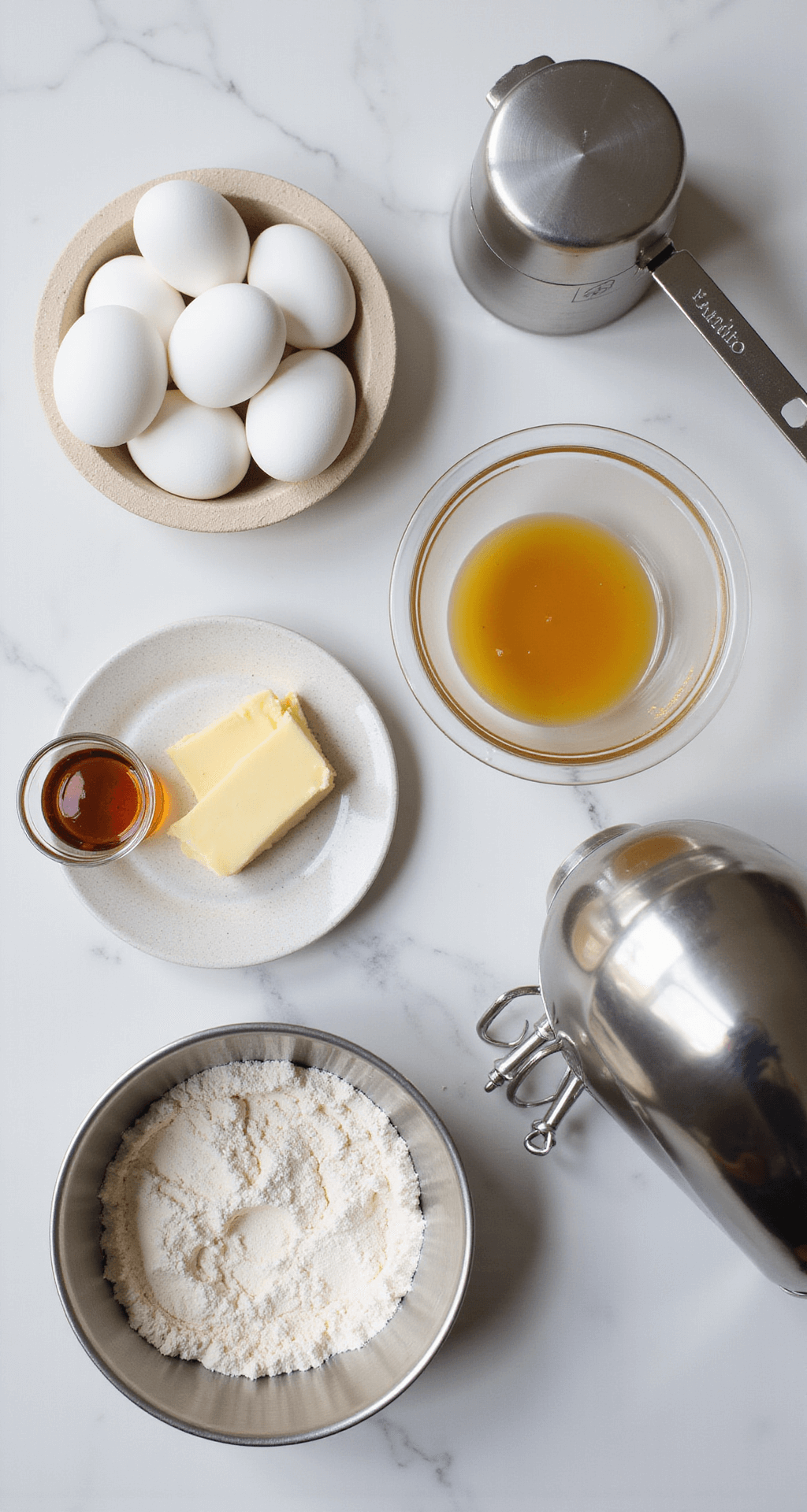 Overhead shot of a white marble countertop displaying baking ingredients such as farm-fresh eggs, sifted flour, golden vanilla extract, and melted butter, alongside professional tools like a round cake pan, electric mixer, and measuring scales, all bathed in natural light.
