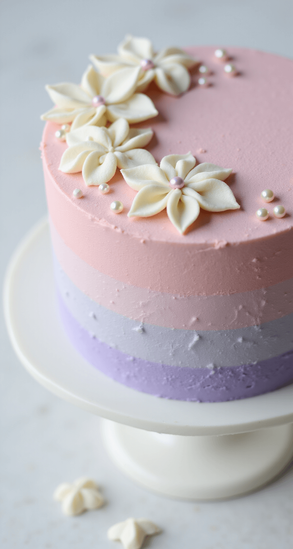 Close-up of a 4-inch bento cake on a white ceramic stand, featuring a pastel gradient frosting from pink to lavender and intricately piped white cream flowers, illuminated by gentle side lighting.