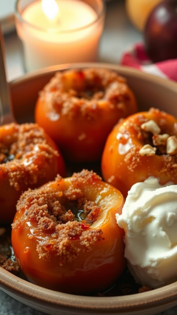 A bowl of Microwave Baked Apples topped with cinnamon and brown sugar, served with vanilla ice cream.