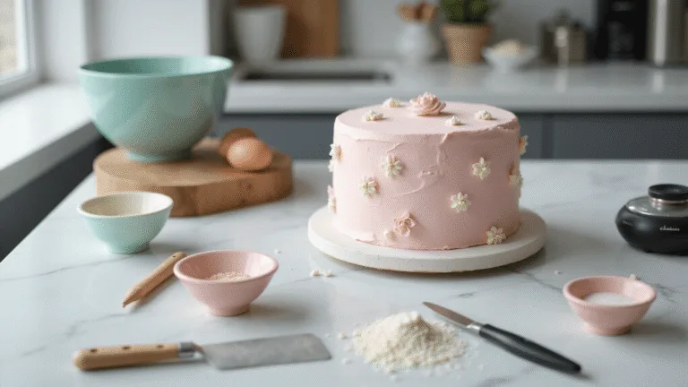 A photorealistic bento cake in a bright modern kitchen, featuring smooth pastel pink buttercream, white piped flowers, and sugar pearls, with a mise en place of ingredients and baking tools, captured in natural light.
