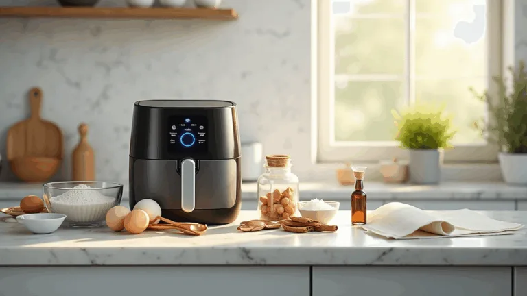 A modern kitchen scene featuring a sleek air fryer surrounded by organized baking ingredients on a marble countertop, illuminated by soft natural light. Ingredients include flour, eggs, sugar in a clear container, measuring cups, vanilla extract, and a whisk, with rustic touches of cinnamon sticks and salt.