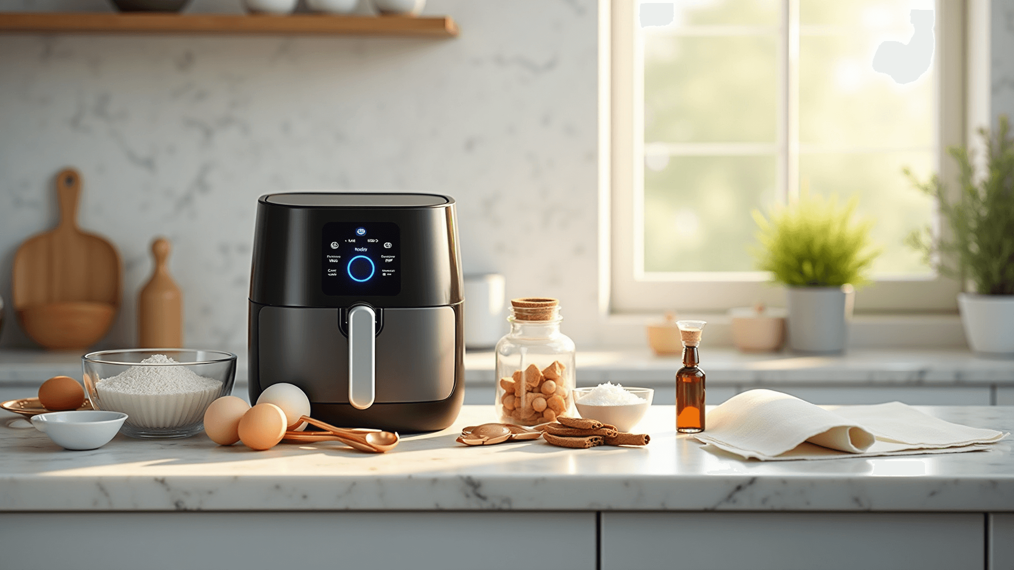 A modern kitchen scene featuring a sleek air fryer surrounded by organized baking ingredients on a marble countertop, illuminated by soft natural light. Ingredients include flour, eggs, sugar in a clear container, measuring cups, vanilla extract, and a whisk, with rustic touches of cinnamon sticks and salt.