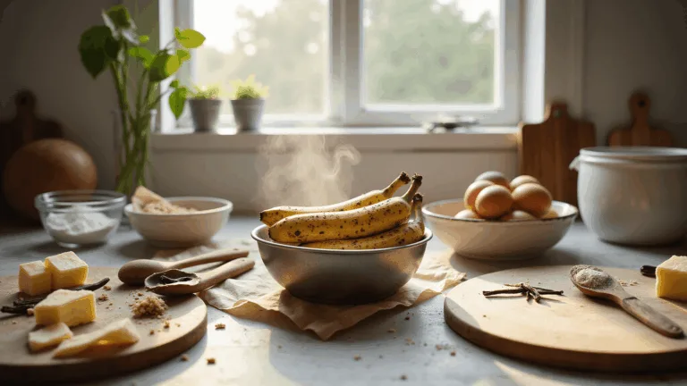 A sunlit kitchen scene featuring weathered mixing bowls with overripe bananas, surrounded by farm-fresh eggs, sifted flour, golden butter, and brown sugar, all illuminated by morning light. Soft focus adds warmth, resembling a Donna Hay magazine style.