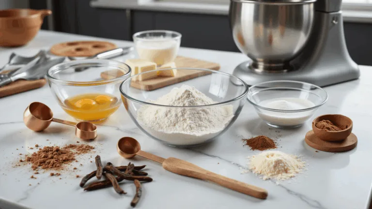 Photorealistic kitchen counter with organized baking ingredients, including flour, sugar, eggs, and butter in glass bowls, accented by copper measuring spoons and whisks, sunlight casting soft shadows on a marble surface, and a stainless steel stand mixer in the background.