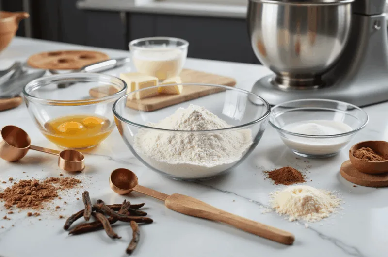 Photorealistic kitchen counter with organized baking ingredients, including flour, sugar, eggs, and butter in glass bowls, accented by copper measuring spoons and whisks, sunlight casting soft shadows on a marble surface, and a stainless steel stand mixer in the background.
