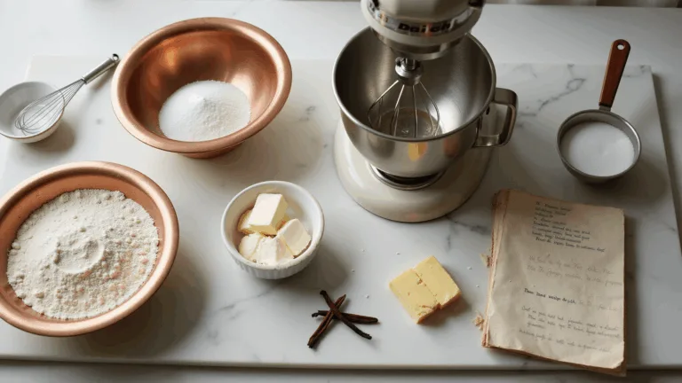 Cinematic overhead view of a sun-drenched marble kitchen counter with professional baking ingredients, including vintage copper mixing bowls, glass containers of sugar, farm-fresh eggs, and a stand mixer, all arranged in a minimalist composition with warm colors and natural lighting.