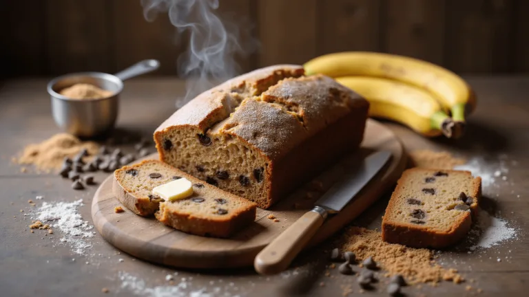 Freshly baked banana bread loaf on a rustic wooden board with chocolate chips, soft natural light from the left highlighting a cut slice with steam and a pat of butter, surrounded by bananas, chocolate chips, and baking ingredients, all captured in warm, inviting tones.