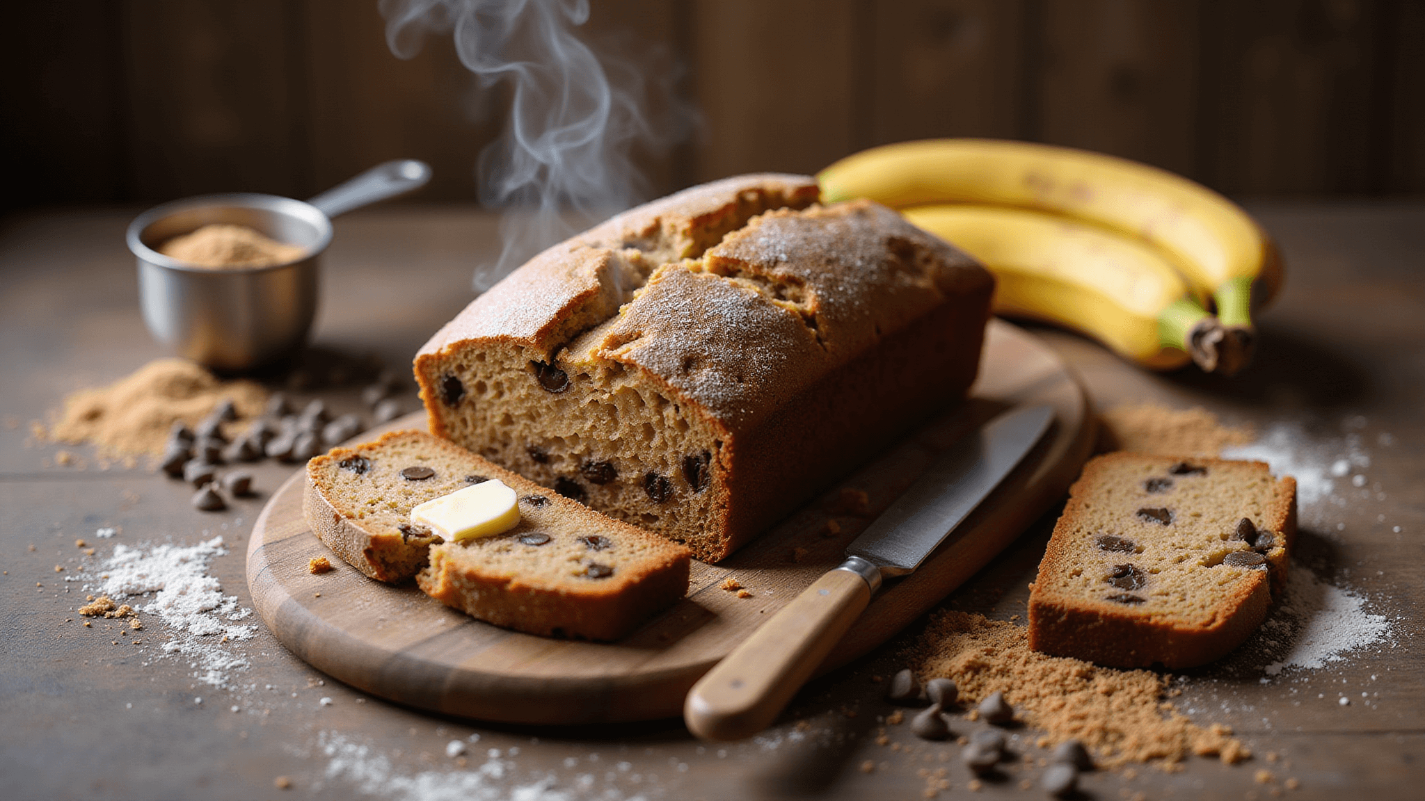 Freshly baked banana bread loaf on a rustic wooden board with chocolate chips, soft natural light from the left highlighting a cut slice with steam and a pat of butter, surrounded by bananas, chocolate chips, and baking ingredients, all captured in warm, inviting tones.