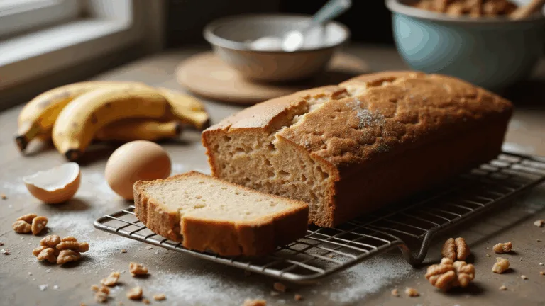 Overhead shot of a rustic wooden countertop featuring baking ingredients for banana bread, including overripe bananas, a cream mixing bowl, wire whisk, measuring cups of flour and sugar, farm-fresh eggs, softened butter, vanilla extract, and cinnamon sticks, with a parchment-lined loaf pan in the corner and a dusting of flour for texture.