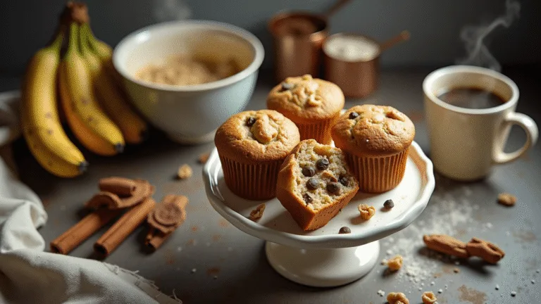 Cinematic overhead shot of a rustic kitchen featuring freshly baked golden-brown banana muffins on a white ceramic cake stand, a split muffin revealing a moist interior with melted chocolate chips and walnuts, surrounded by overripe bananas, a vintage mixing bowl, scattered cinnamon sticks, a weathered wooden countertop, a textured linen tea towel, copper measuring cups with flour dusting, and an artisanal coffee cup, all illuminated by soft natural morning light.