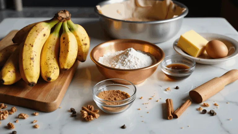 A beautifully arranged food photography setup featuring overripe bananas, vintage mixing bowls, measuring cups of flour, golden butter, and farm-fresh eggs on a rustic wooden table with a white marble surface, all bathed in soft natural light.