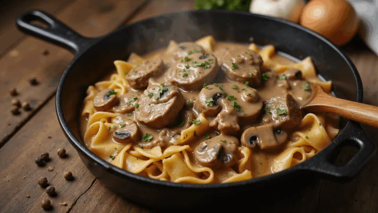 Close-up of a steaming cast iron skillet filled with glossy beef stroganoff featuring medium-rare sirloin, cremini mushrooms, and egg noodles, garnished with fresh parsley on a rustic wooden surface.