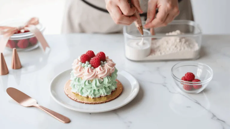 Photorealistic close-up of a 4-inch bento cake decorated with pastel pink and mint green buttercream rosettes, surrounded by rose gold piping tips and measuring cups on a marble countertop, captured with soft natural lighting and a minimalist aesthetic.