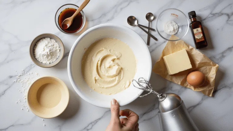 Overhead view of a bento cake preparation scene featuring a mixing bowl with creamed butter and sugar, surrounded by farm-fresh eggs, vanilla extract, measured flour, and a butter block, on a marble countertop with natural light.